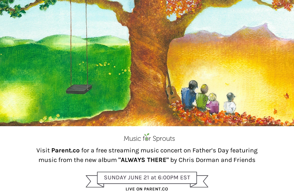 music cover for father's day with family by a tree cartoon style