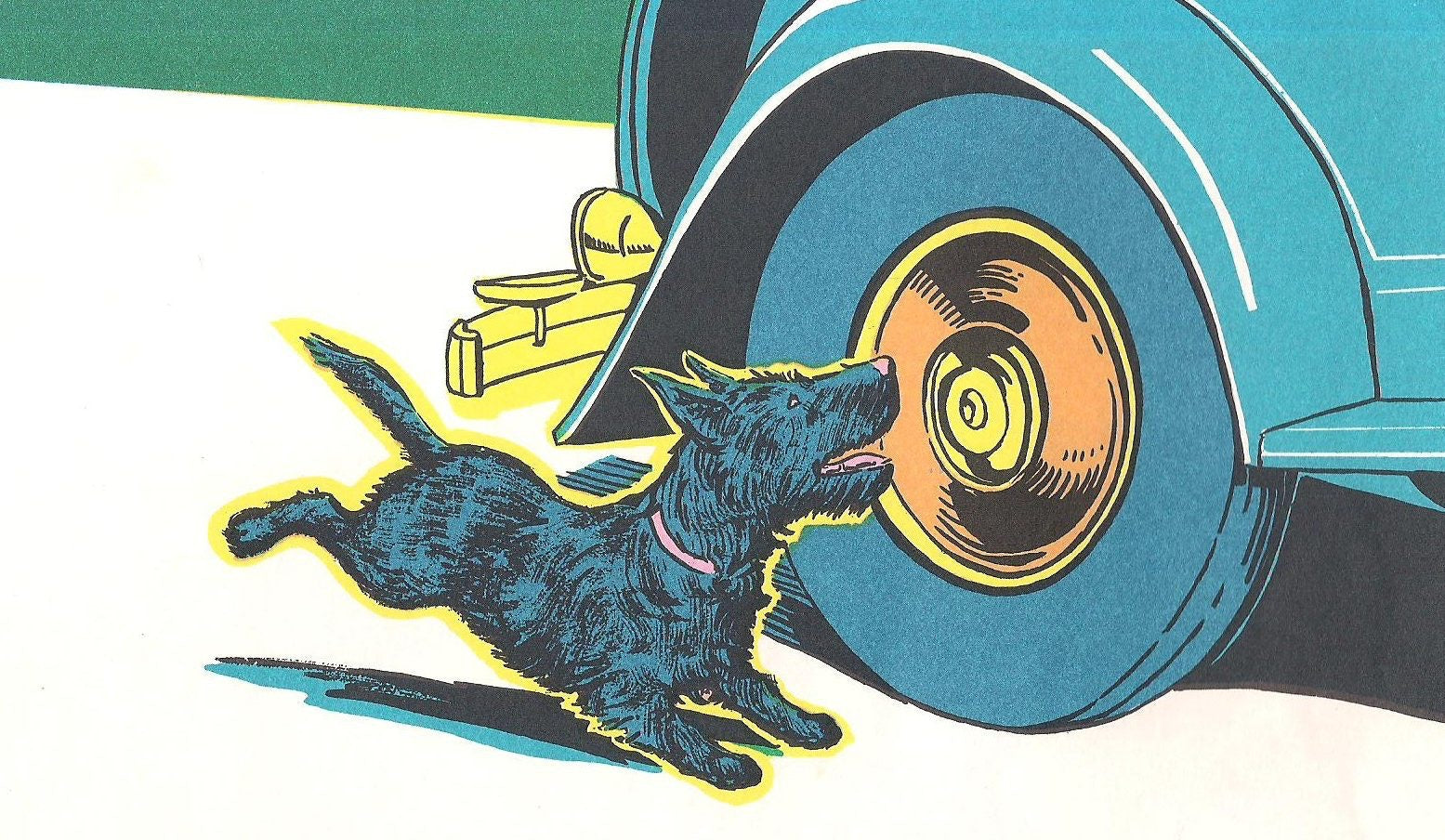 A dog is following a car