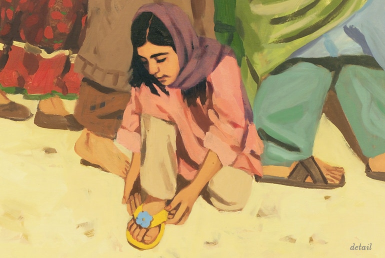Portrait of a  girl putting on her own sandals