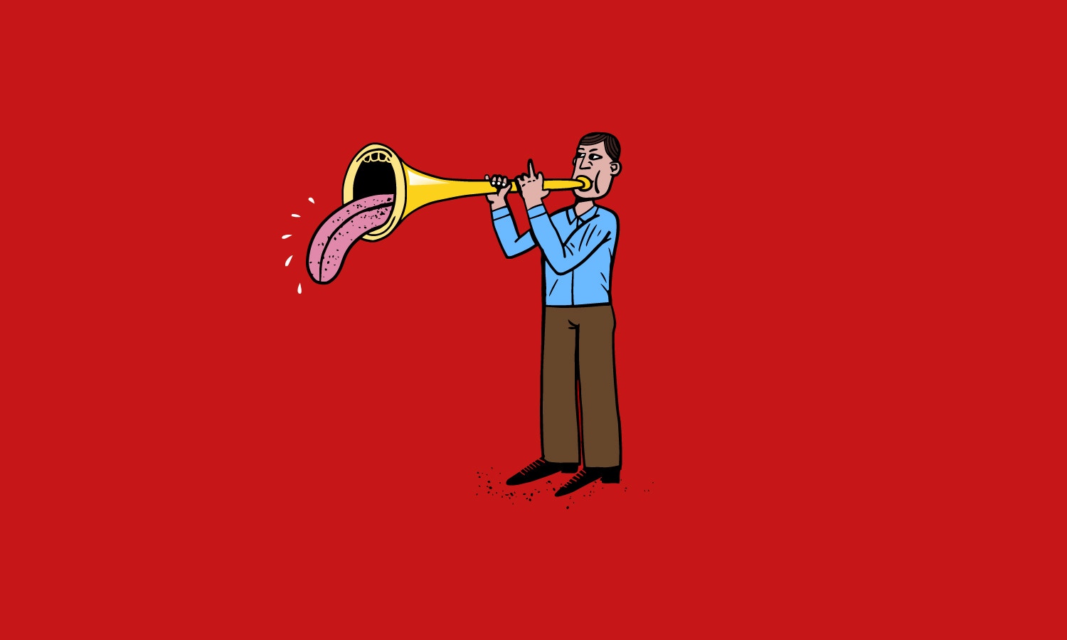 A guy is playing a musical instrument with his tounge opened in another side