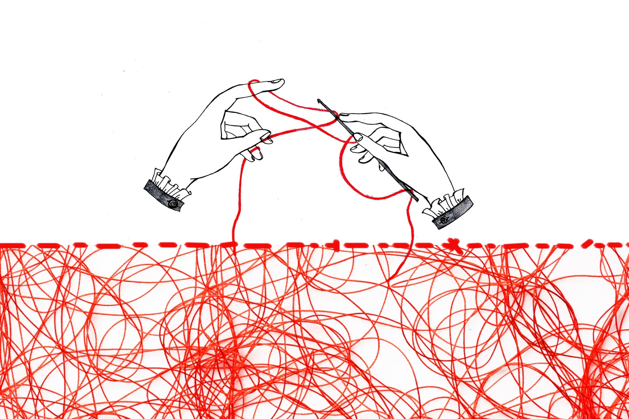 Drawing of hands doing knitting