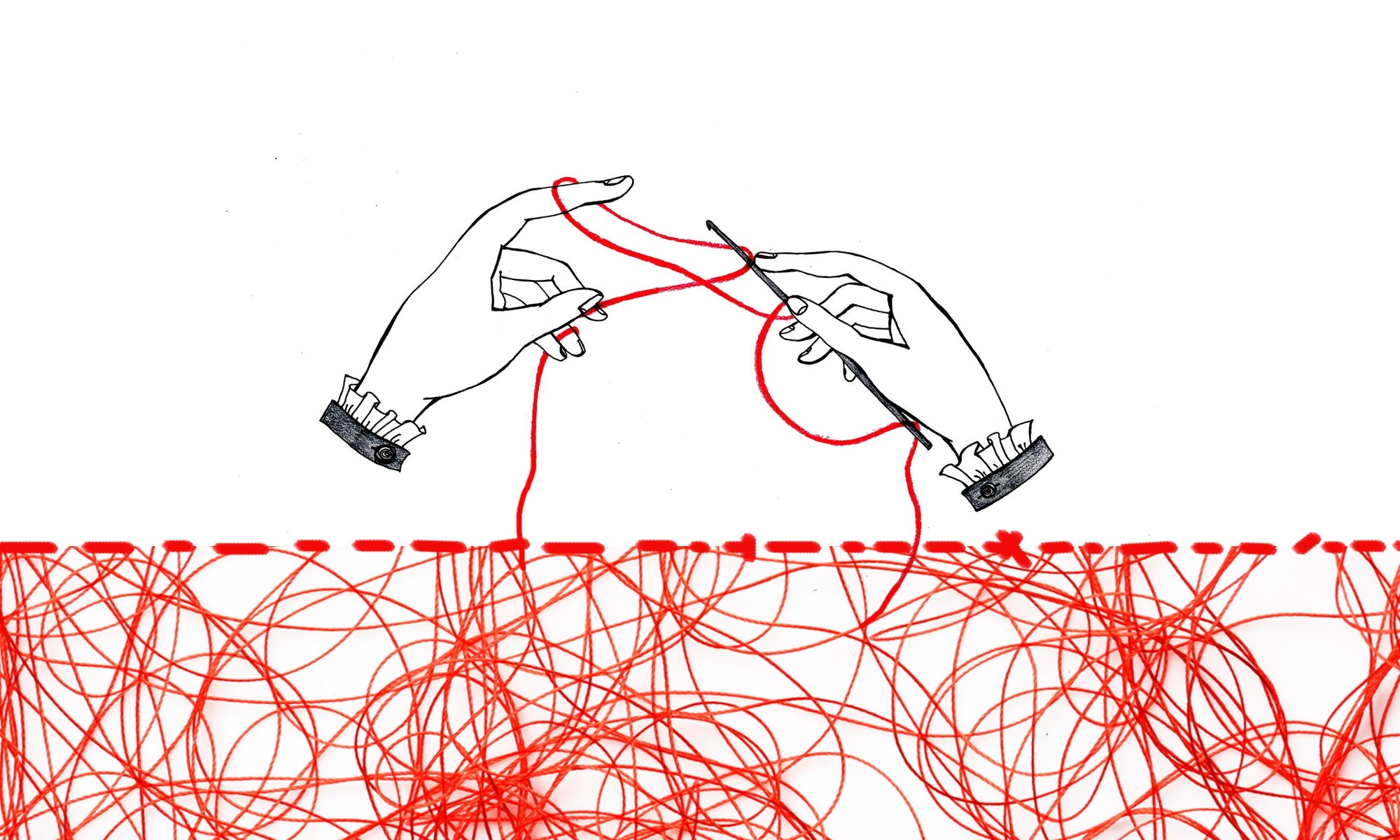 Drawing of hands doing knitting