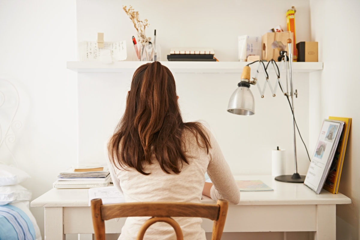 woman with back to camera at a desk